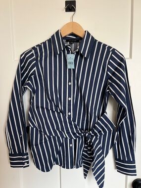 Ann Taylor Navy & White Striped Tie-Waist Button Shirt